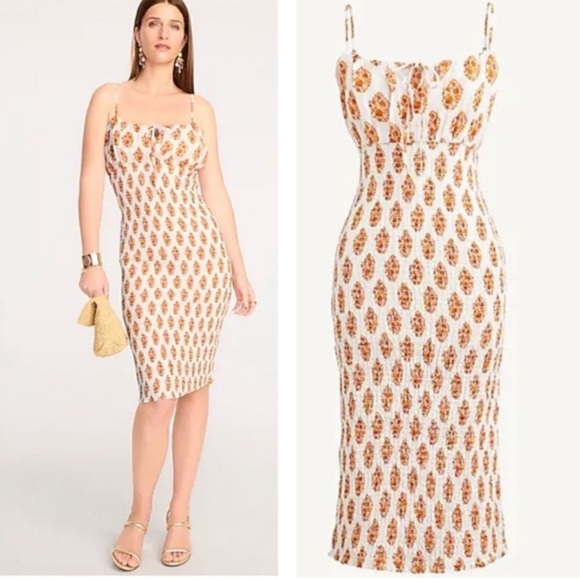 J. Crew Dresses & Skirts - NWT J. Crew Smocked Linen Dress In Gathered Floral Block Print White/Orange SZ 4